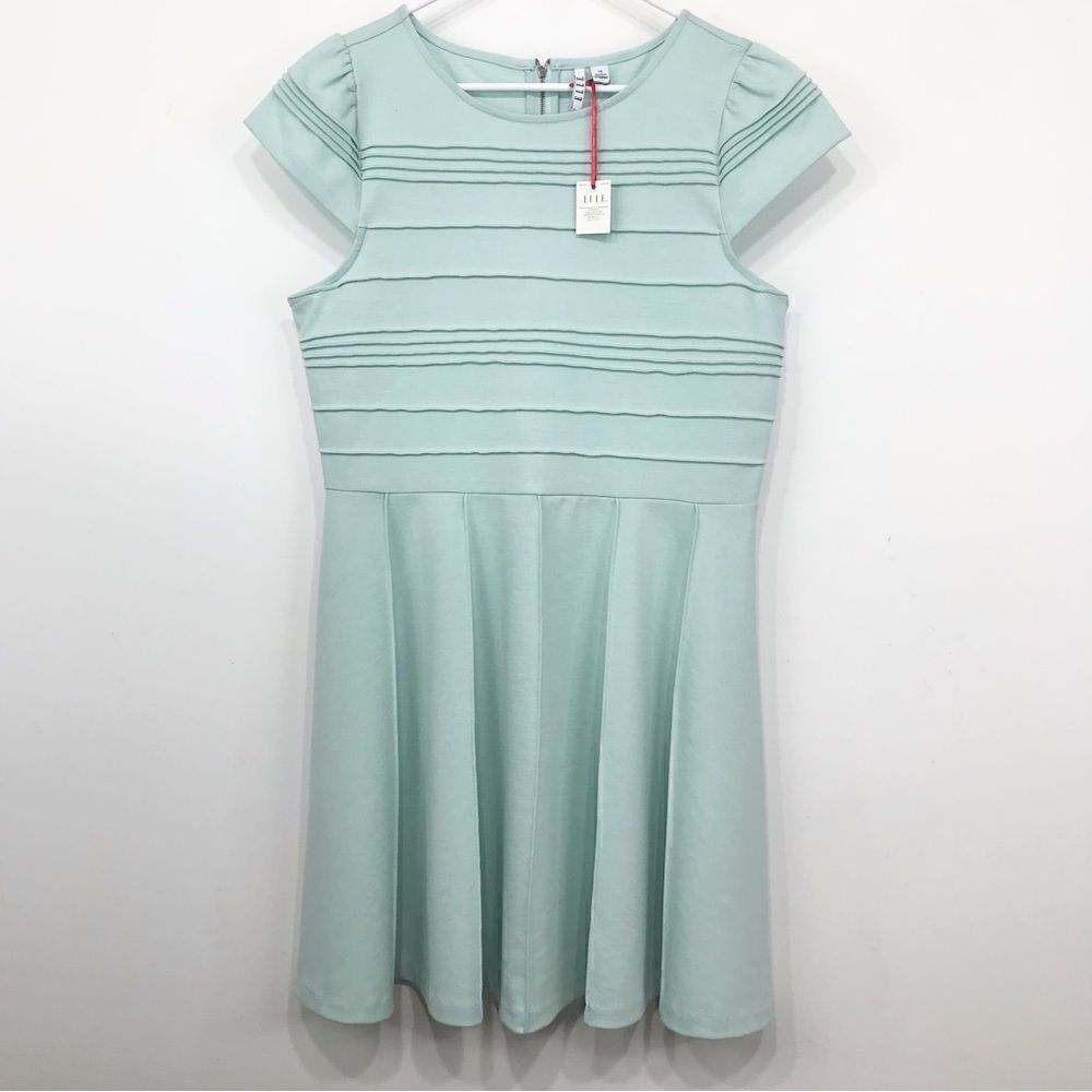 ELLE Mint Green Ribbed Bodice Cap Sleeve A Line Spring Summer Jersey Knit Dress